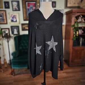 Lauren Moshi Star Hoodie Black Rhinestone Oversized Batwing Pullover XS S Top